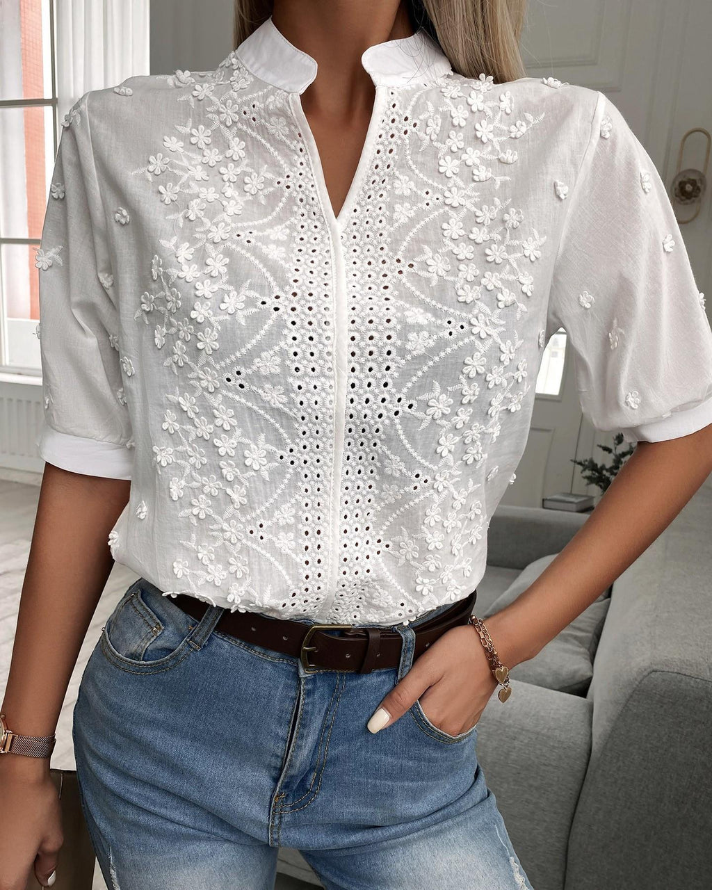 Women's V-Neck Stand Collar Embroidered Lace Blouse Shirt White Polyester