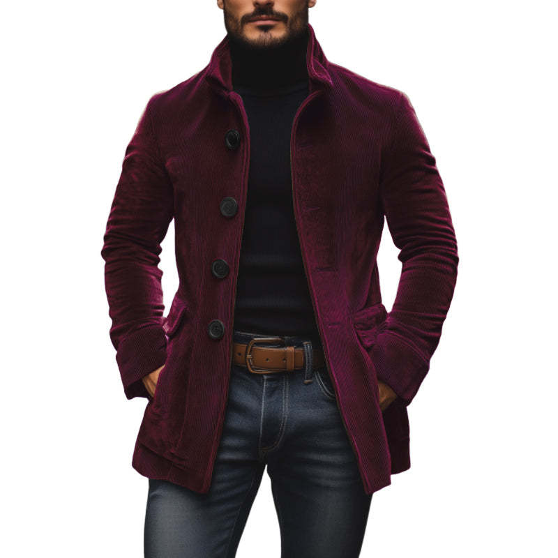 Men's Slim Fit Corduroy Winter Jacket Stand Collar Button-Up Coat