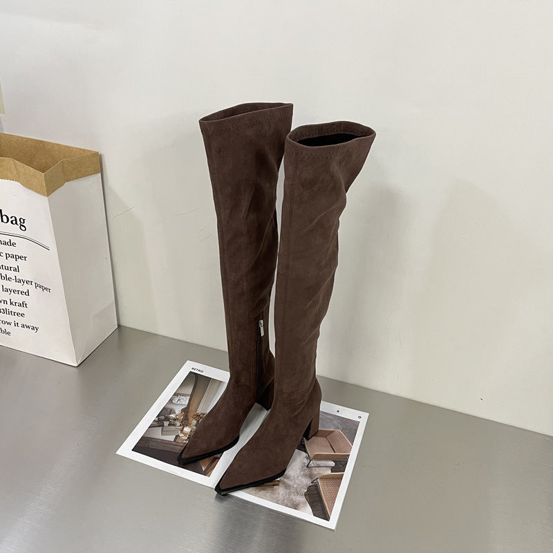 Chunky High Heel Over-the-Knee Suede Stretch Boots with Zipper