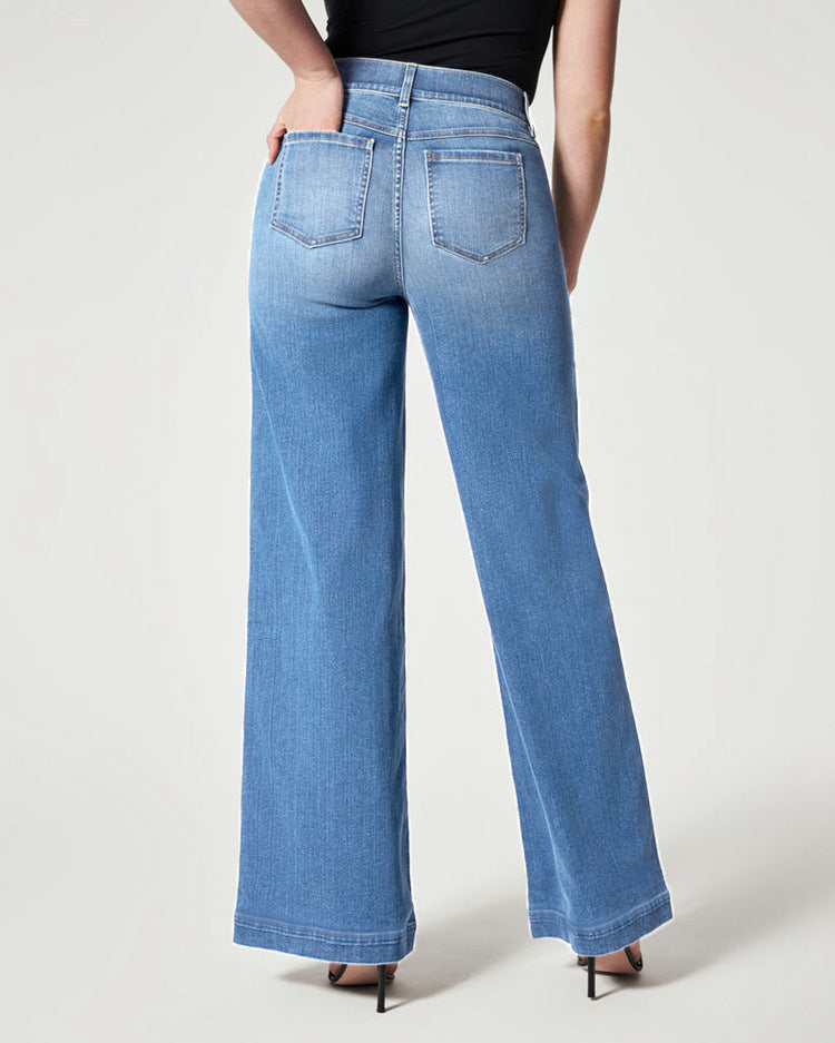 Jeans femme taille mi-haute jambe droite large avec taille haute élastique