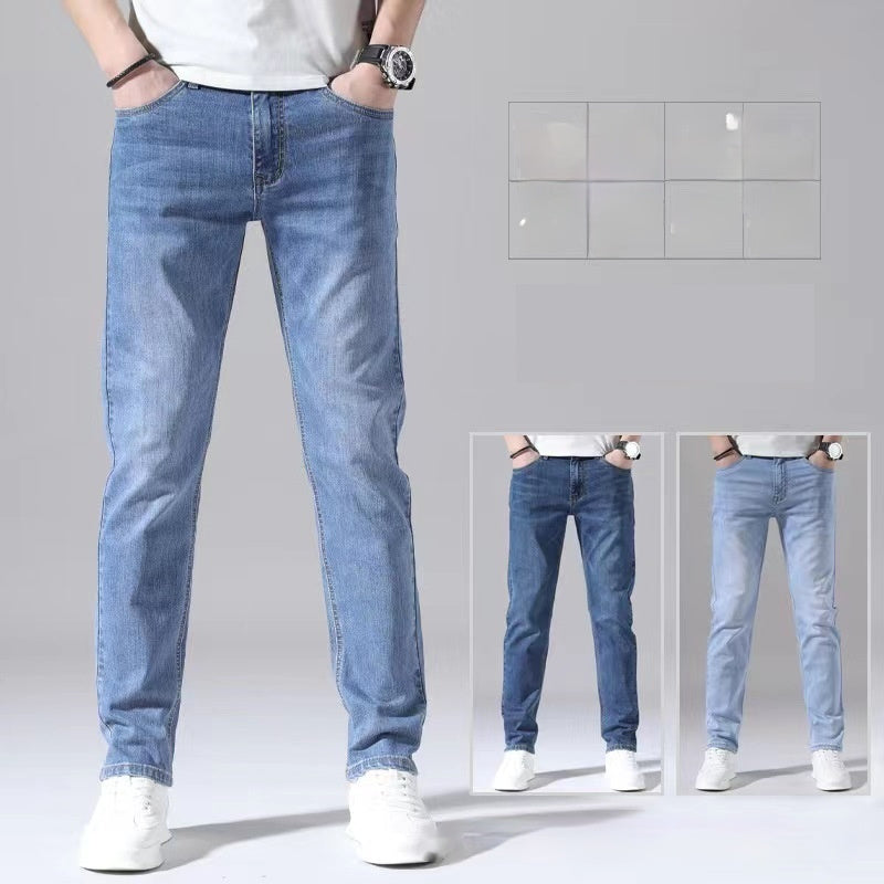 Men's Slim Fit Straight Jeans Mid Waist Cotton