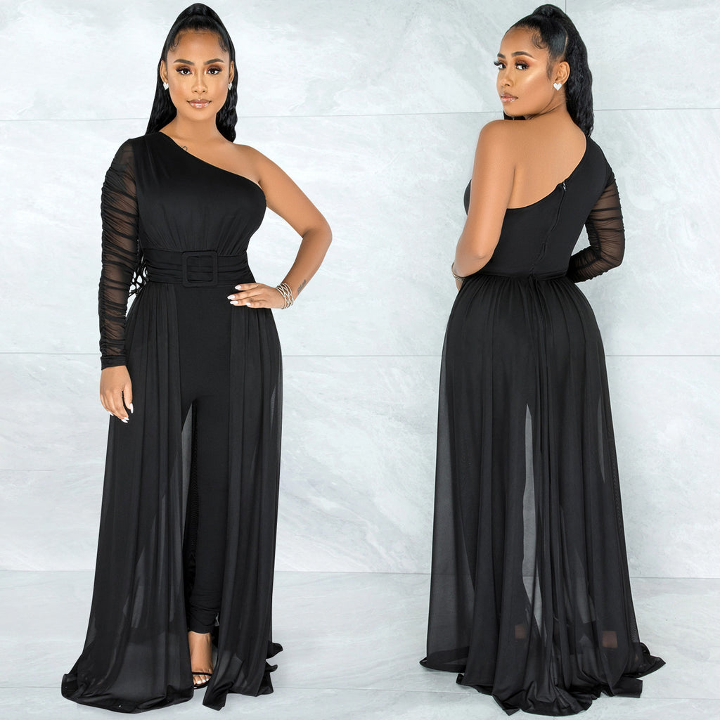 Pure Color Mesh One Shoulder Long Sleeve Jumpsuit for Women