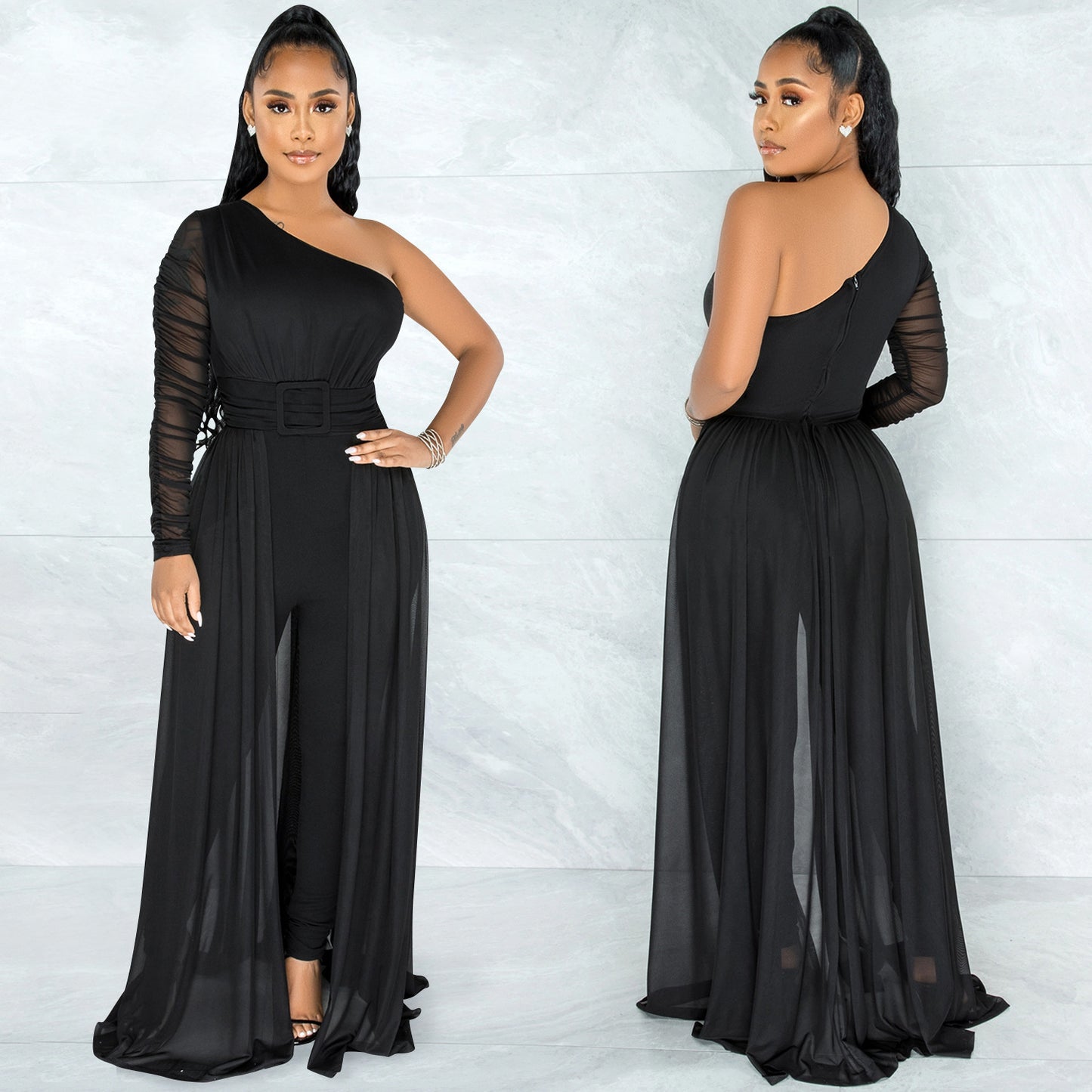 Pure Color Mesh See-through One Shoulder Long Sleeve Jumpsuit