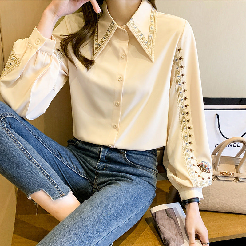 White Loose style Temperament Blouse, Women's Embroidered