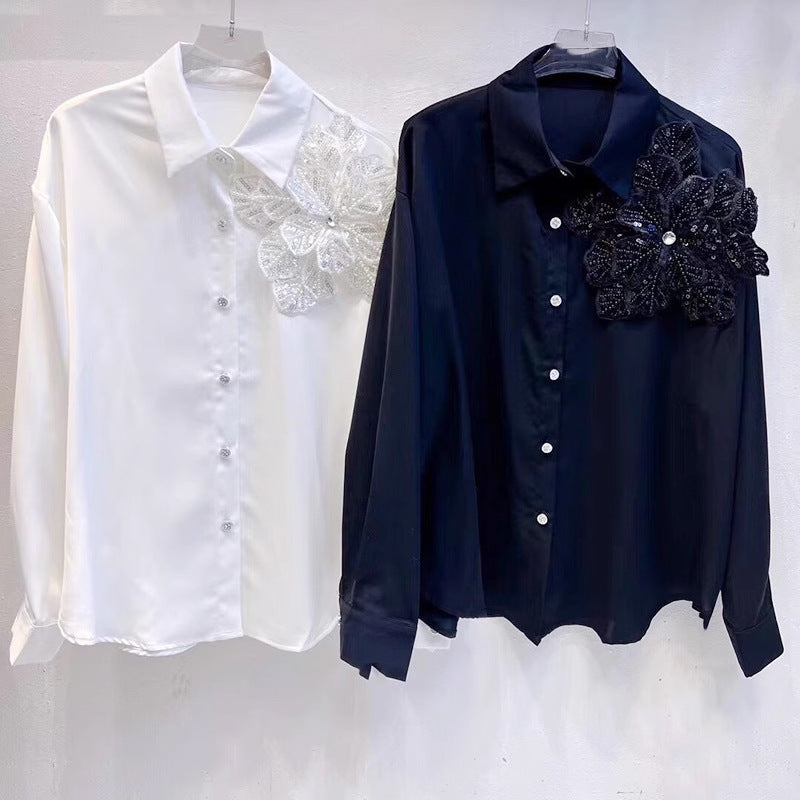Chemisier à manches longues 3D Fleur Femme Blanc et Noir, Tailles S-L