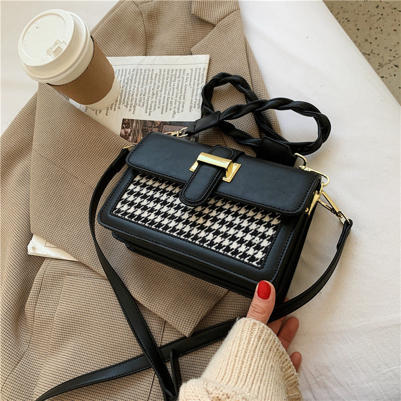 Sac carré de 20 cm en cuir PU avec motif pied-de-poule et fermoir, pour femme
