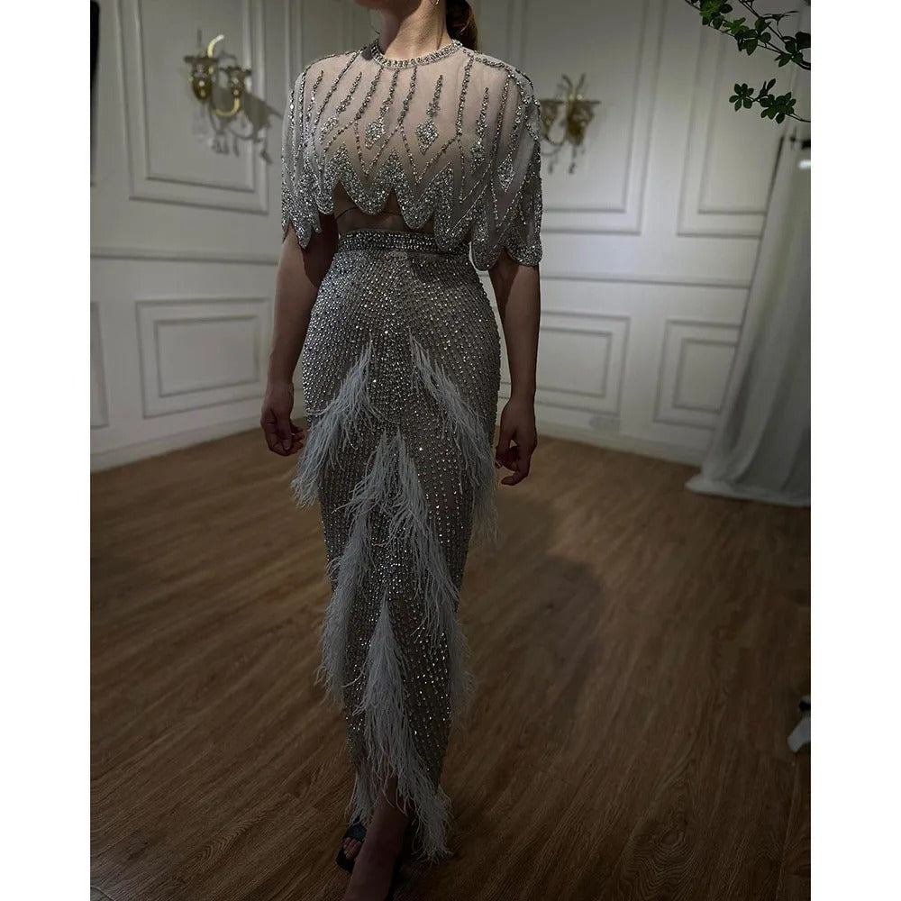 Silver Nude Slim-Fit Feather Beaded Organza Evening Dress for Ladies