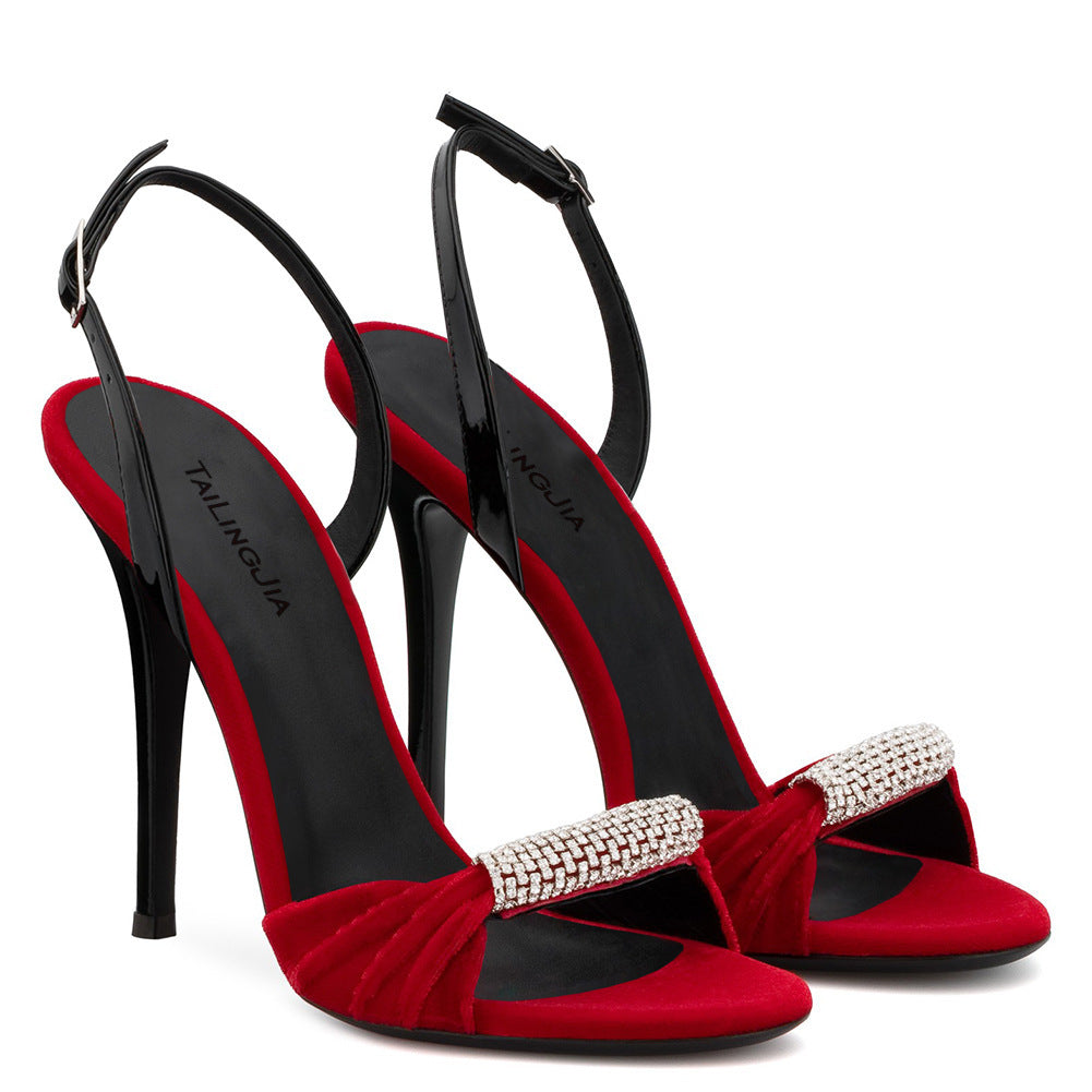 European & American Black & Red Velvet Rhinestone High Heel Sandals