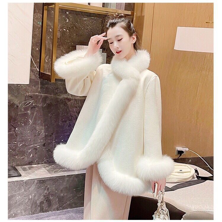 Manteau mi-long en fausse fourrure pour femme avec col en fourrure