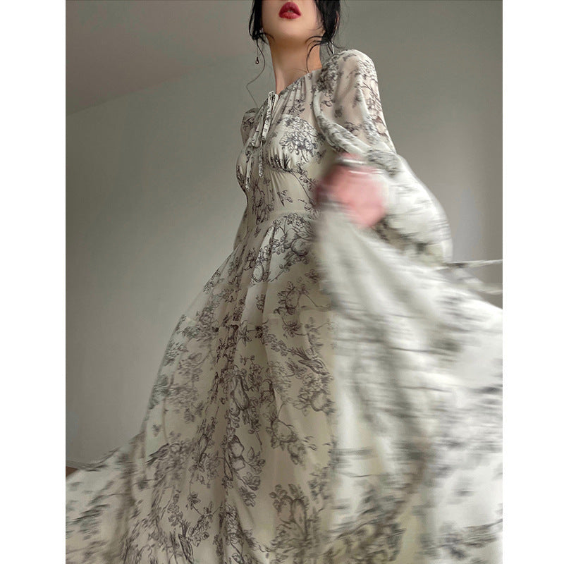 French Evening Dress Chiffon Waist Print Polyester Fiber