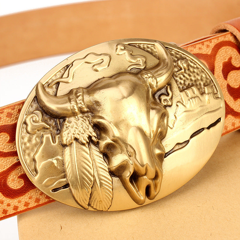 Men's Ethnic Leather Belt Oval Copper Buckle First Layer Cowhide