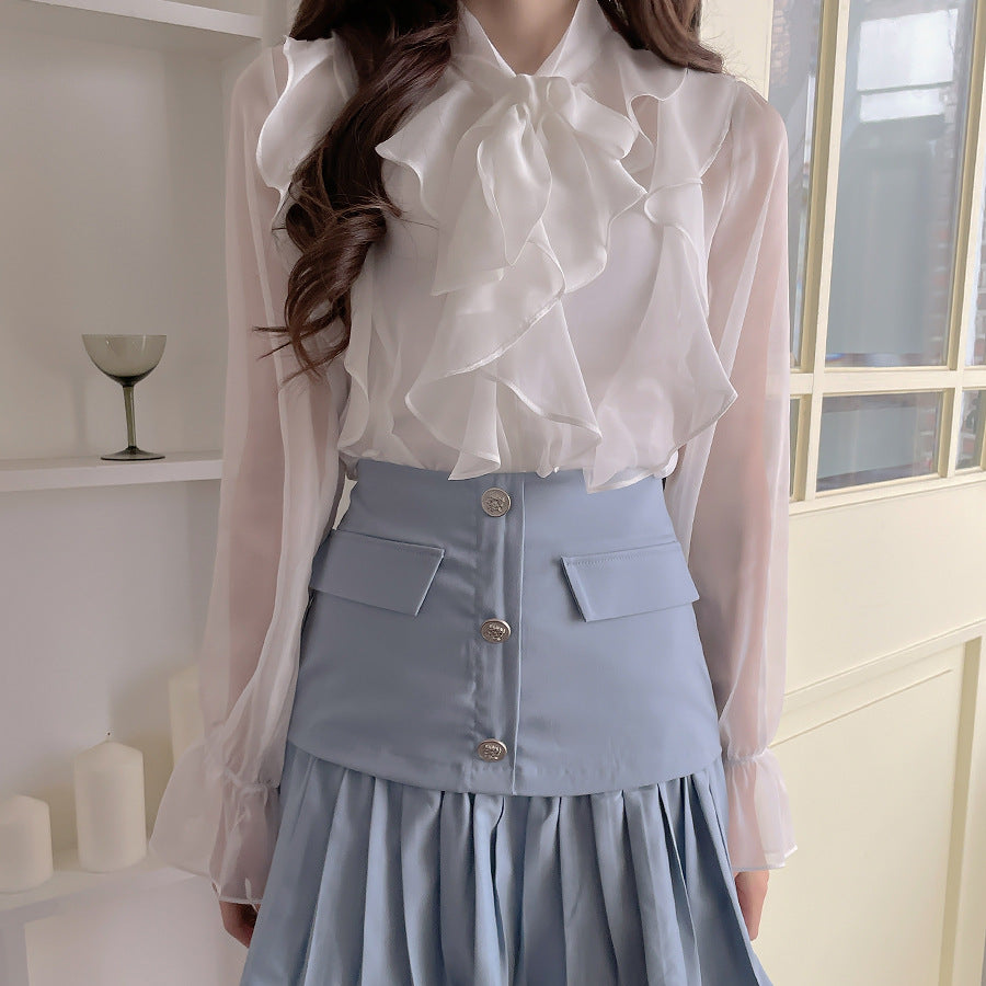 Women's Chiffon Lace-Up Shirt Long Sleeve Top in White & Gray