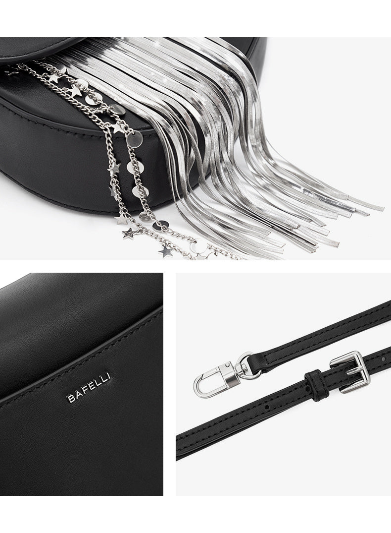 Cowhide Tassel Crossbody Bag with Magnetic Closure in Black