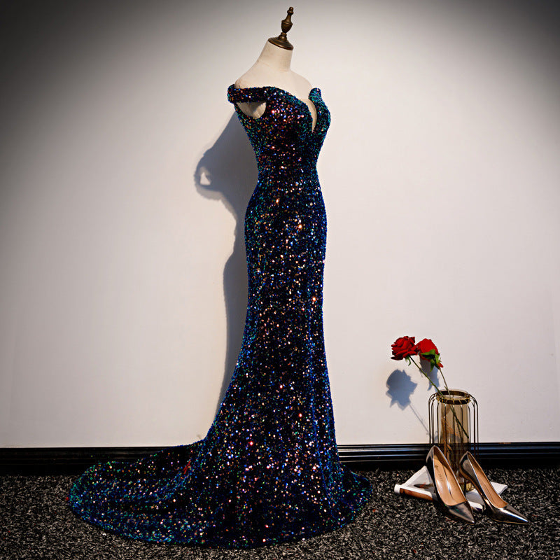 Navy Banquet Long Fishtail Sequined Dress with Trailing Skirt