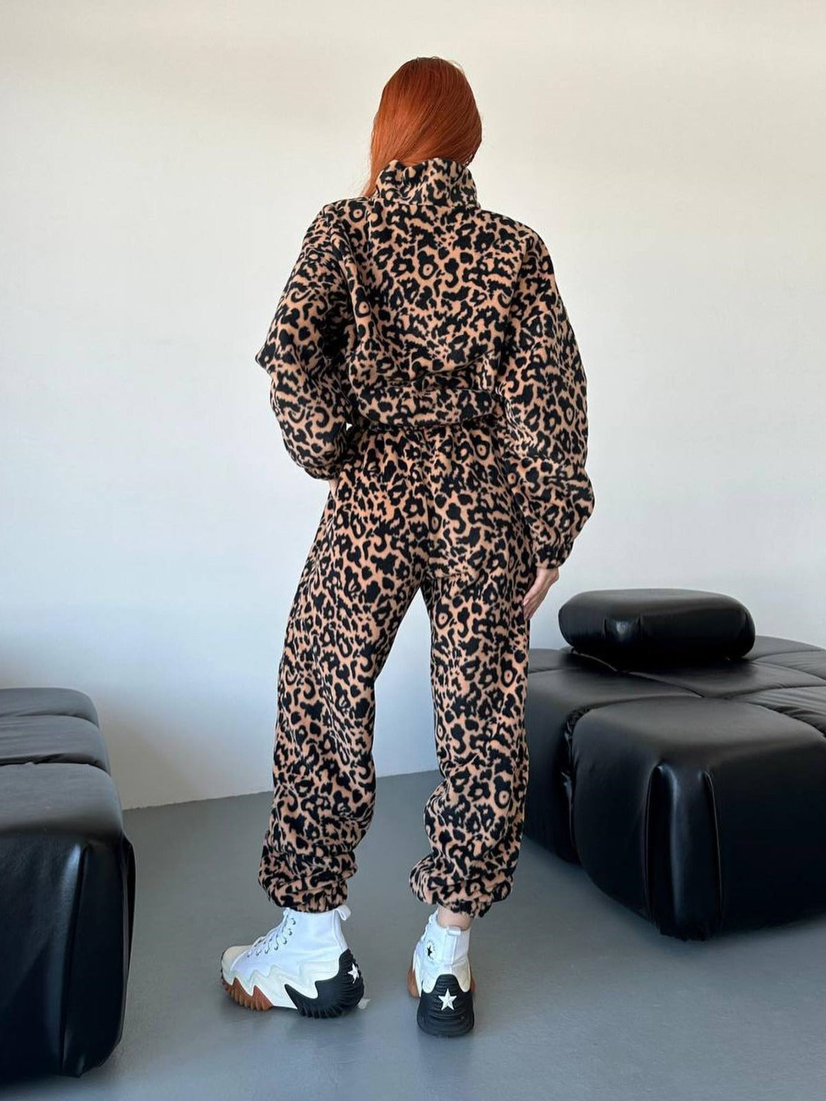 Ensemble de survêtement en coton ample avec fermeture éclair et imprimé léopard pour femme