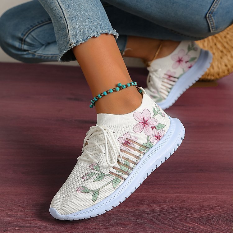 Women's Milky White Mesh Flyknit Casual Running Shoes Flat Heel
