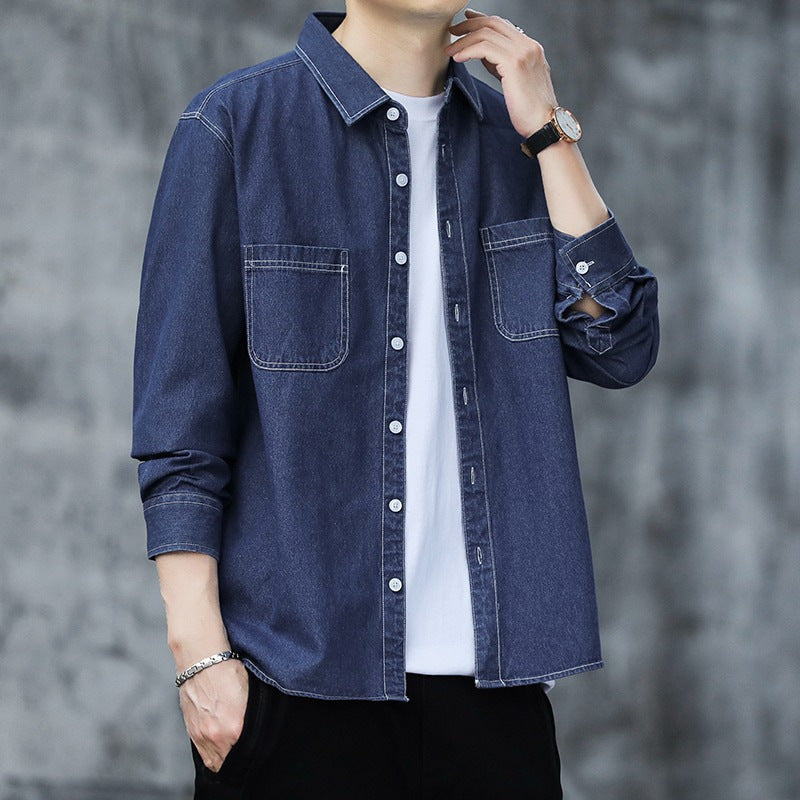 Chemise décontractée en jean à manches longues pour homme, bleu clair et bleu foncé