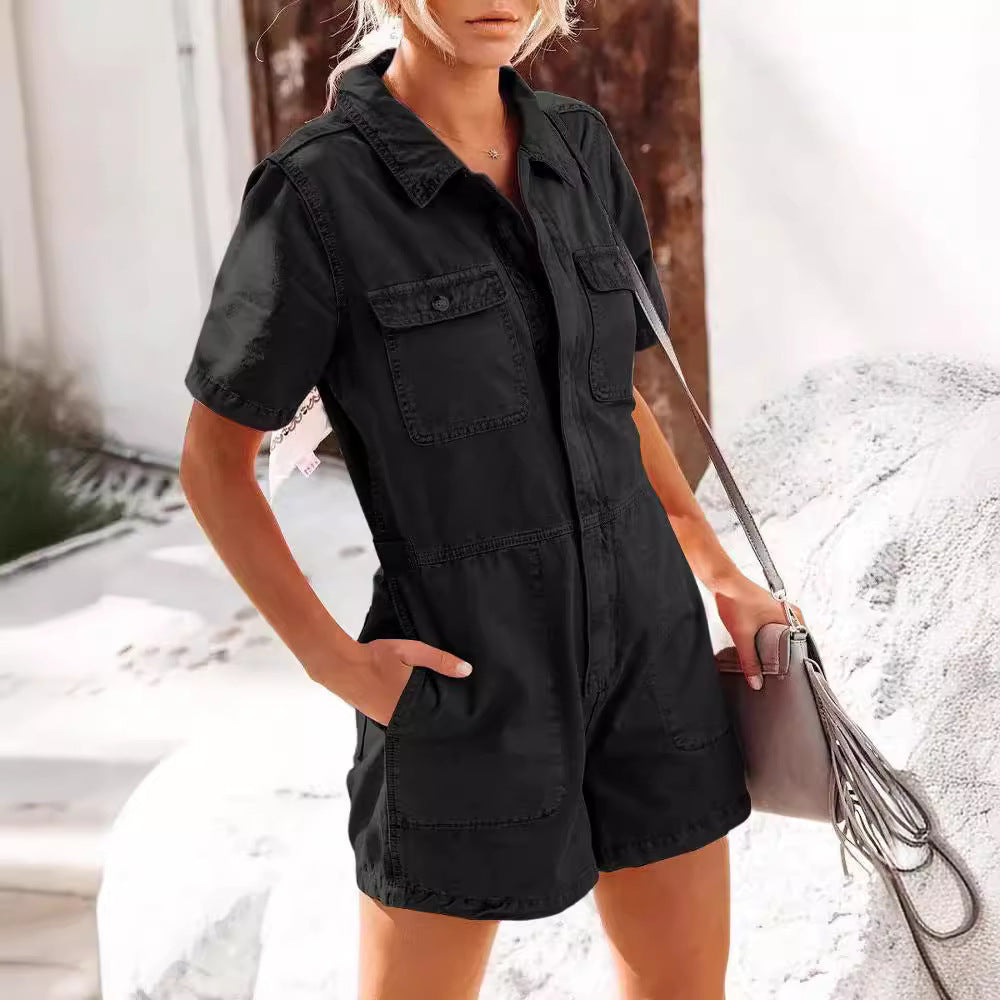 Fashion Casual Loose Denim Workwear Short Sleeve Jumpsuit