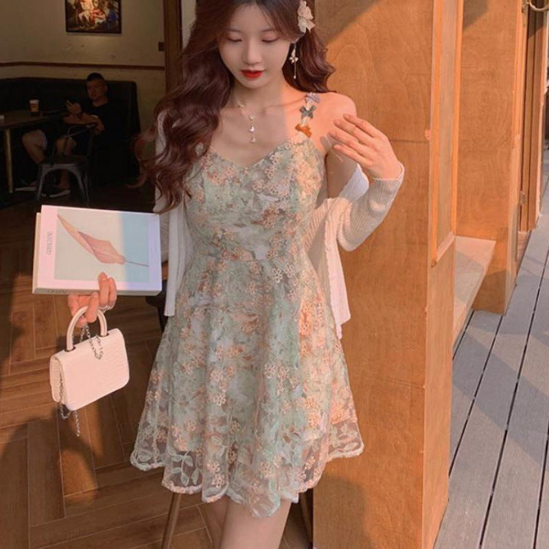 French Retro Green Lace Spaghetti Strap Dress Summer
