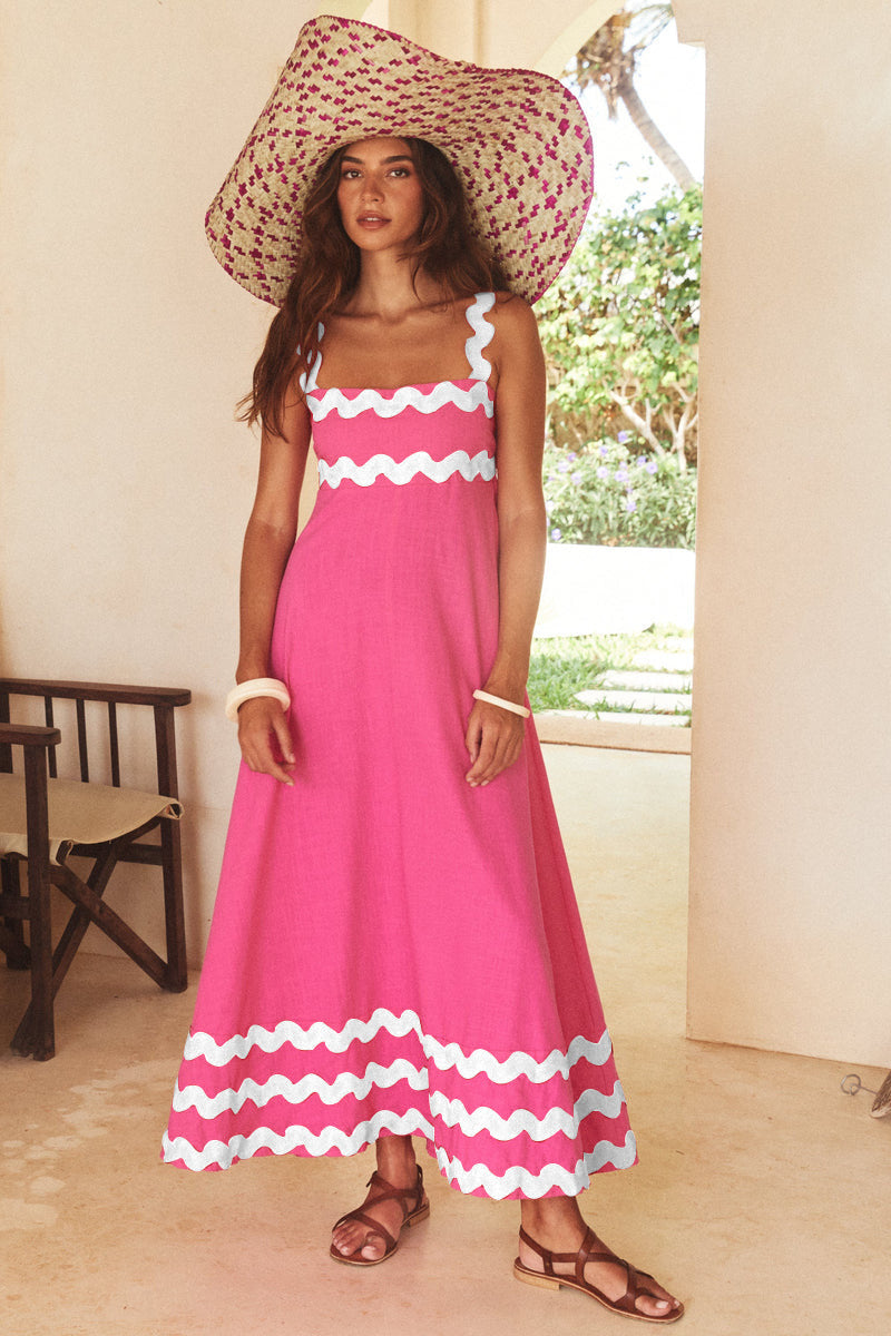 Women’s Flowers Print Wavy Pattern Suspender A-Line Beach Dress