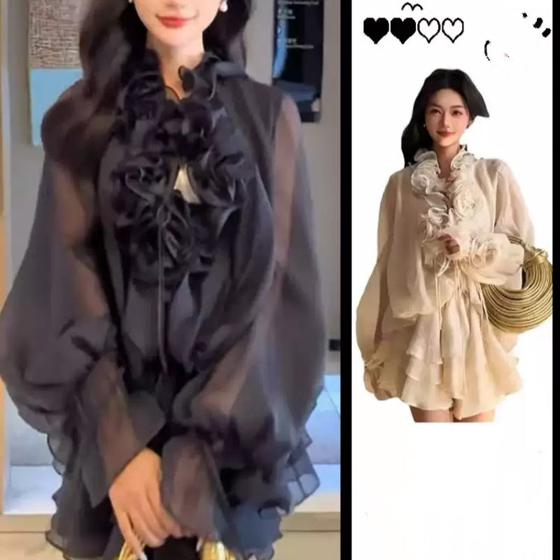 French Style Puff Sleeve Stand-Up Collar Shirt Dress for Women Polyester