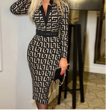 V-neck Bag Hip Print Dress Women's Clothing