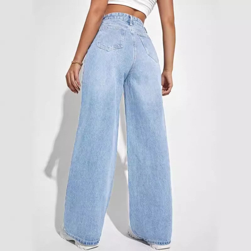 Ladies Light Blue High Waist Slim Straight Jeans