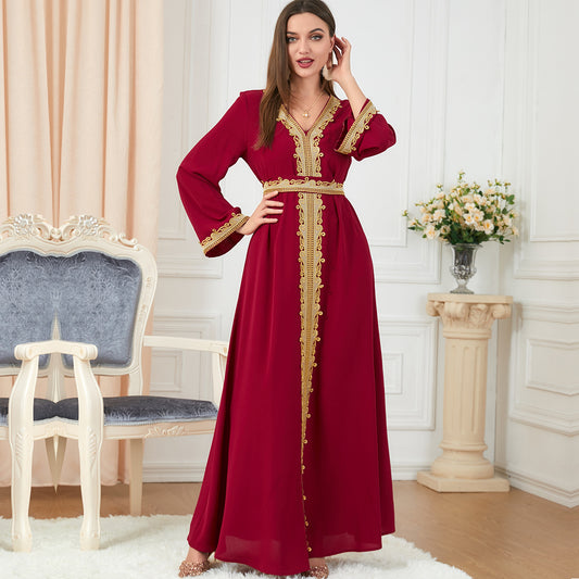 Arabian Women's Temperament Fashion Solid Color Stitching Embroidery Long-sleeved Dress