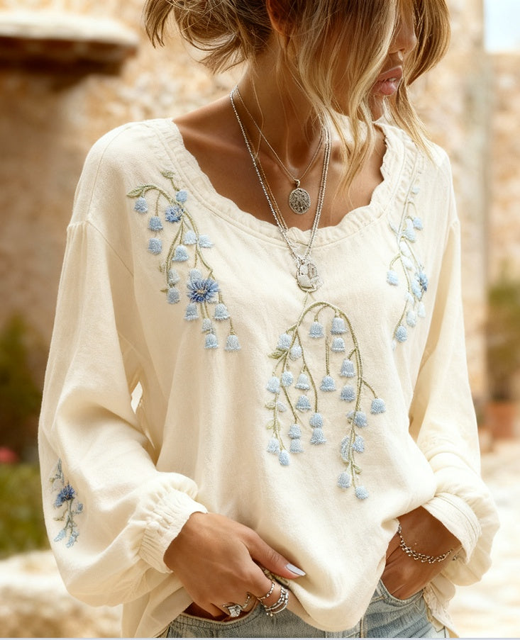 Women's Bohemian Style V-Neck Long Sleeve Shirt - Loose Printed Top