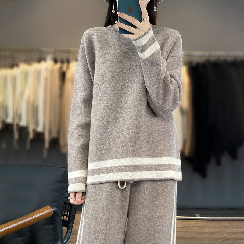 Wool Knit Sweater & Wide Leg Pants Set Casual Lounge Suit