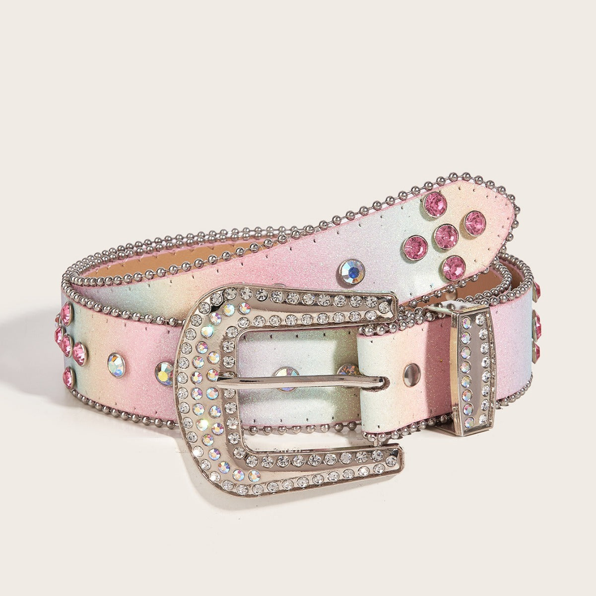 Female Sequined PU Leather Belt with Rhinestone Buckle 105cm