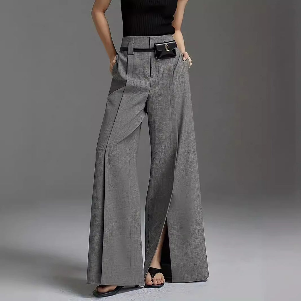 Silver Gray High Waist Wide-Leg Suit Pants for Women