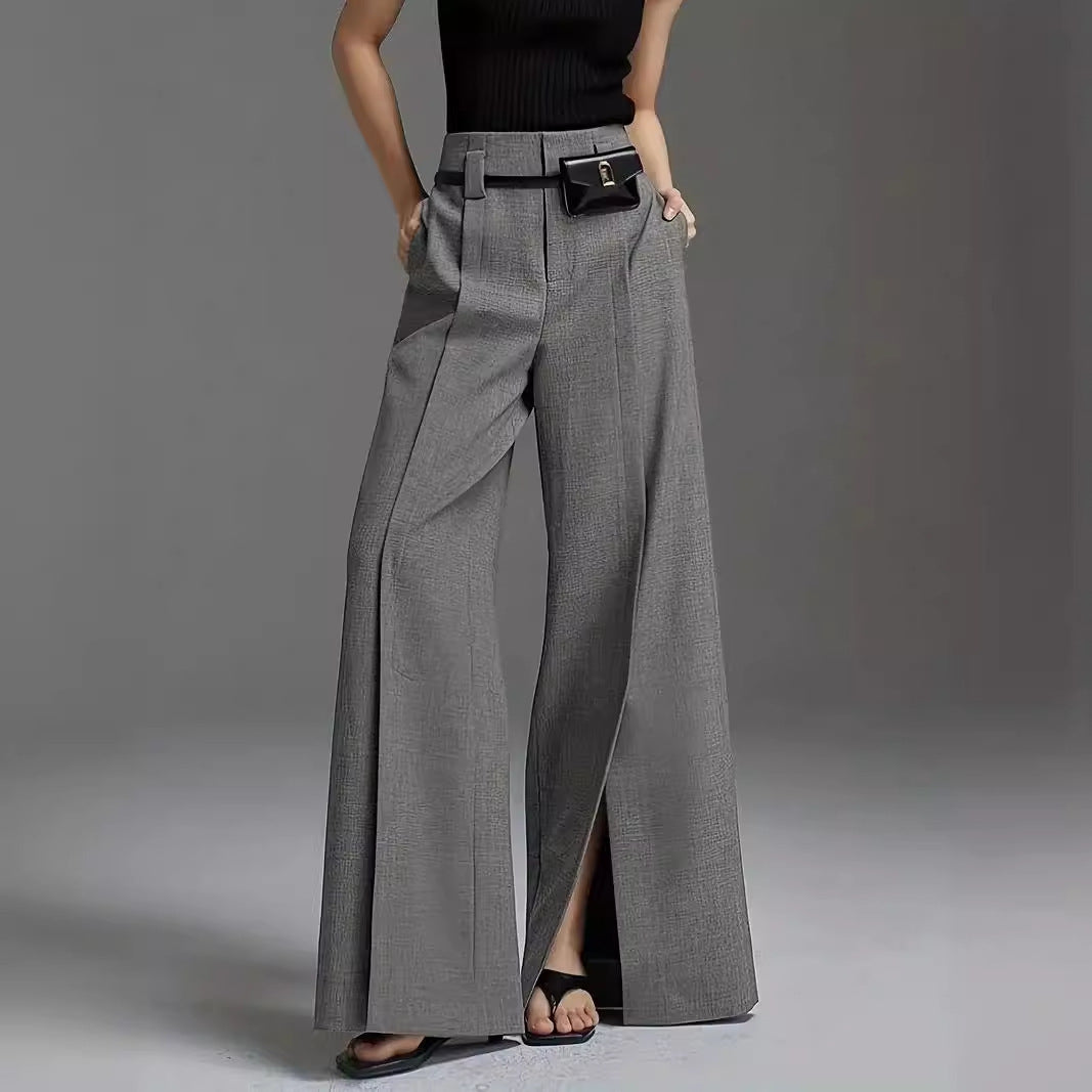 Silver Gray High Waist Wide-Leg Suit Pants for Women