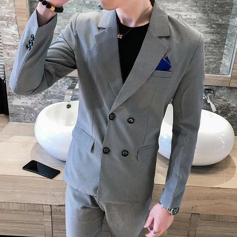 Slim-Fit Double-Breasted Two-Piece Suit in Khaki, Light & Dark Gray