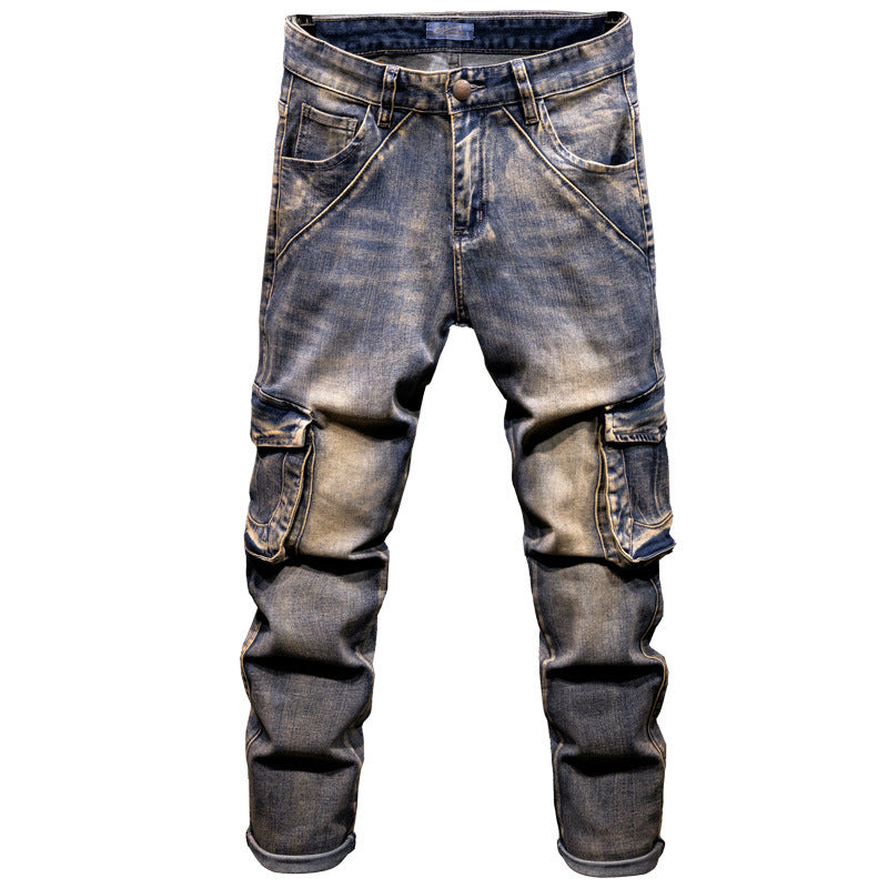 Hip Hop Men's Retro Nostalgic Multi-Pocket Denim Pants