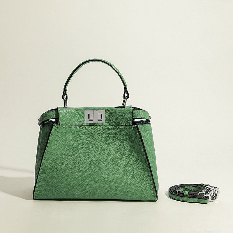 Cowhide Lychee Pattern Handbag with Metal Lock - Black, Caramel, Green, Gray, S & L Sizes