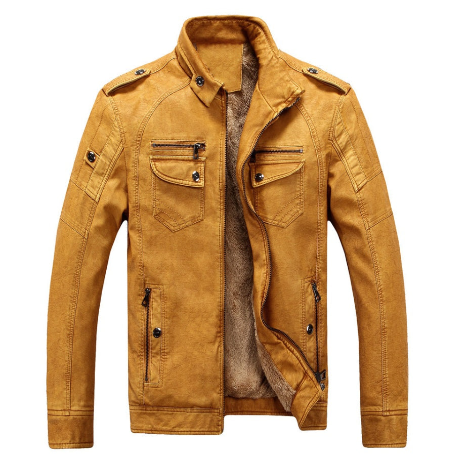 Men's Cowhide Leather Jacket with Velvet Lining Retro Washed Style