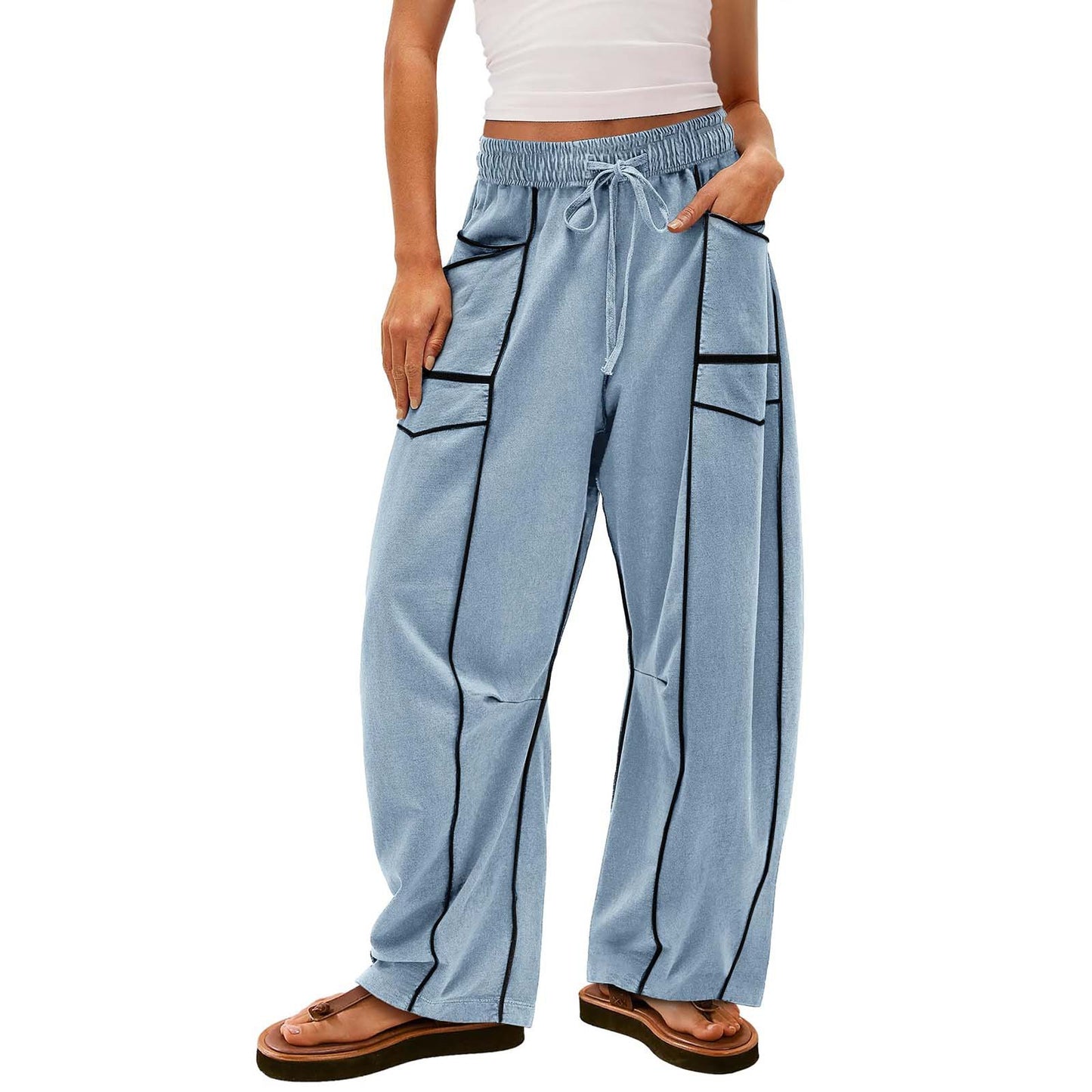 Y2K Black Striped Wide-Leg Cotton Pants with Pockets and Drawstring for Women