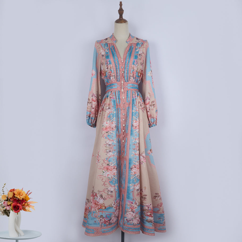 Robe longue vintage en lin imprimé, boutonnage simple, manches longues, en bleu, vert, bleu foncé, rose