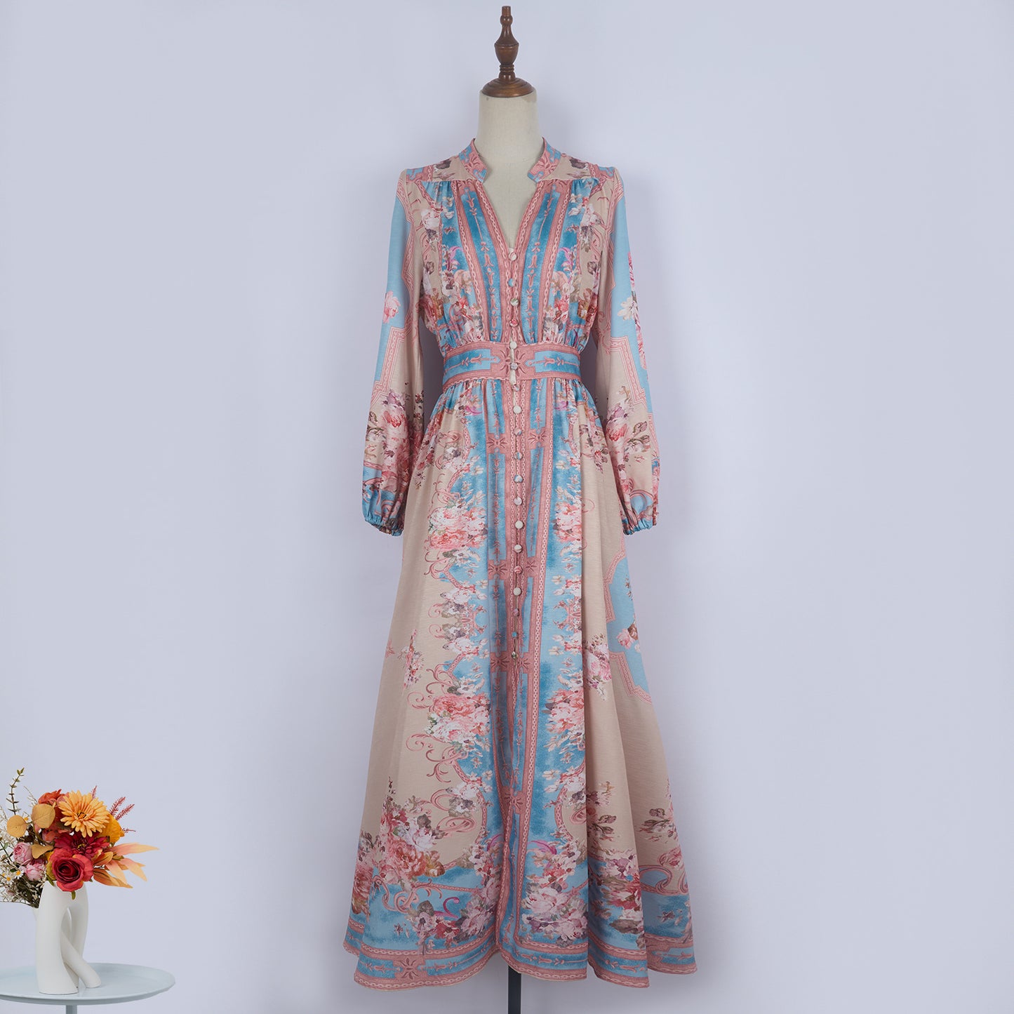 Vintage Printed Linen Single-Breasted Long Sleeve Dress in Blue, Green, Dark Blue, Pink