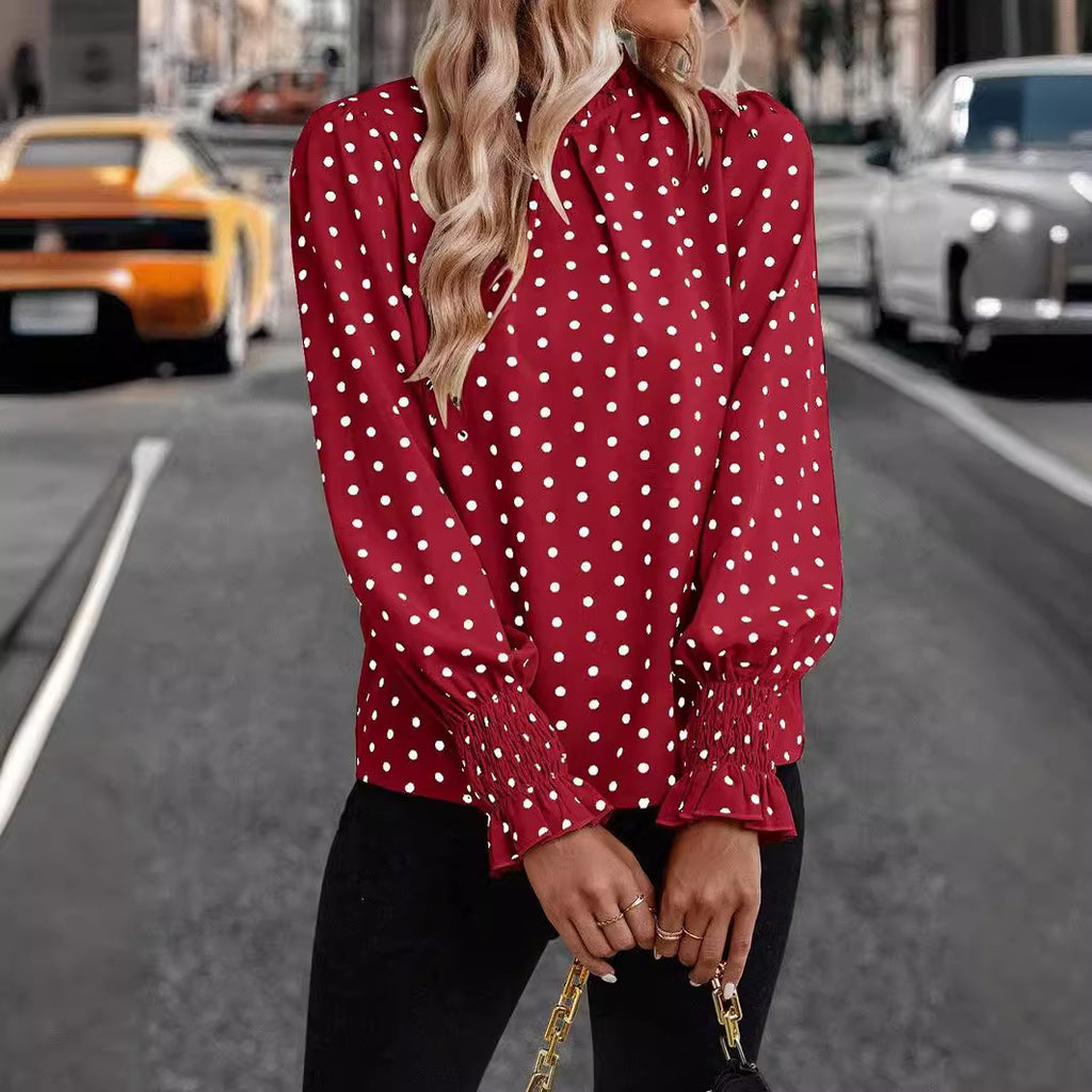 Polka Dot Puff Sleeve Elegant Women's Shirt
