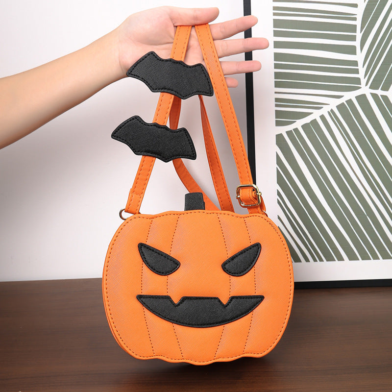 Funny Pumpkin Cartoon PU Shoulder Crossbody Bag with Bat Design for Women