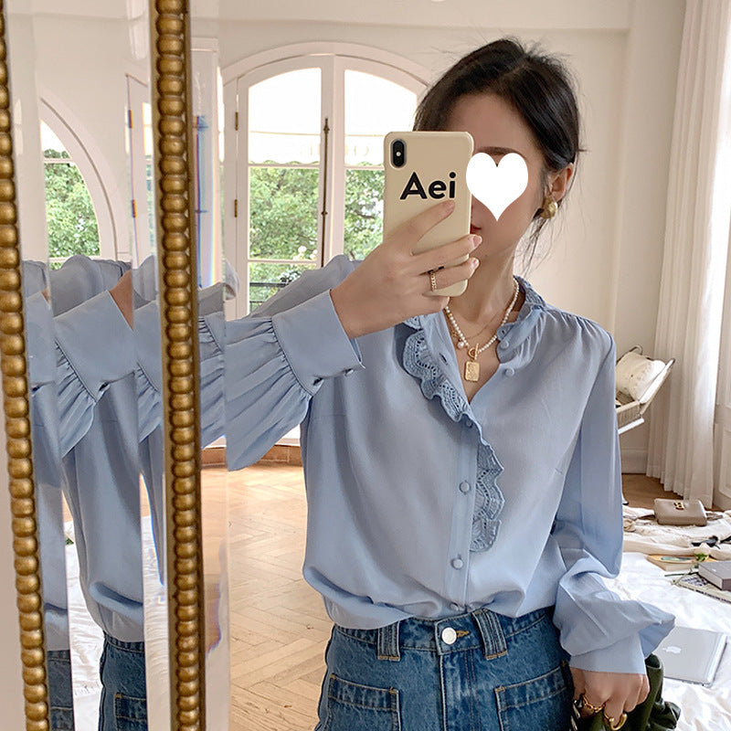 French Chic Stand Collar Puff Sleeve Shirt for Spring and Autumn