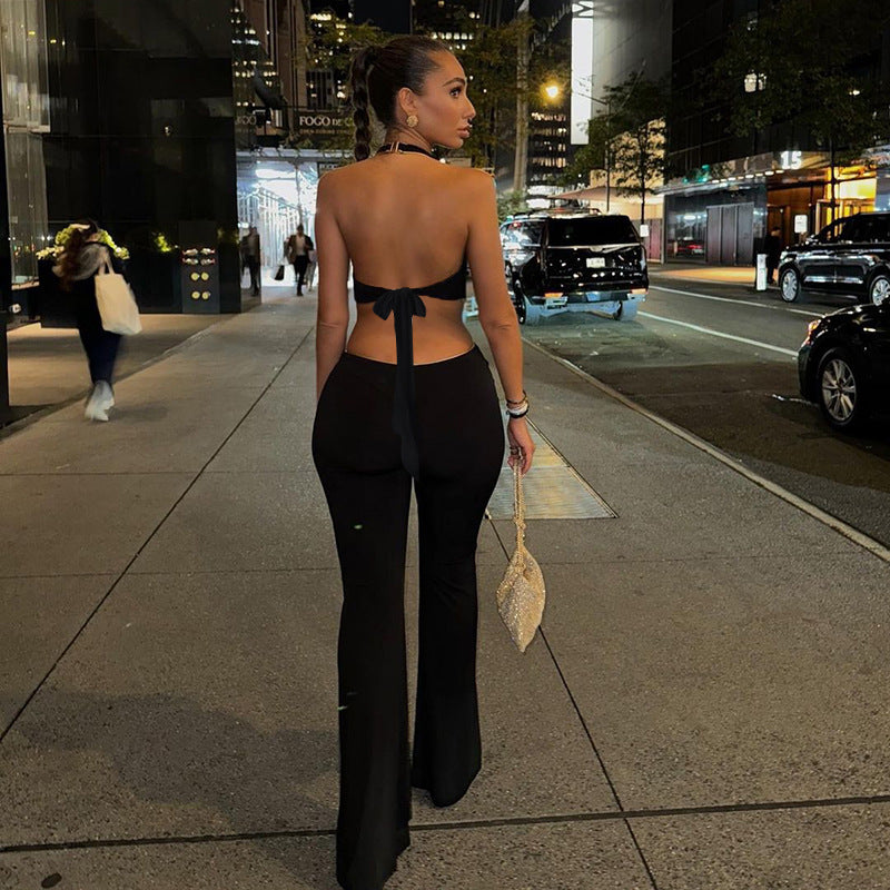 Lace-Up Black Jumpsuit with Golden 3D Flower and Elastic Waist