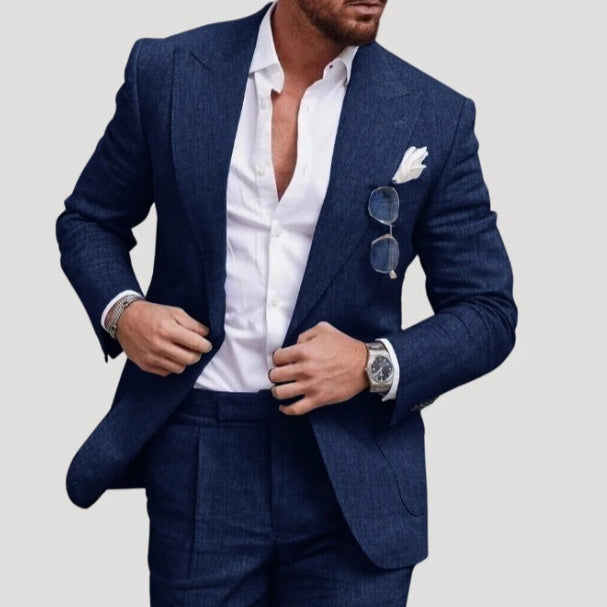 Ensemble costume deux pièces pour homme, coupe ajustée, couleur unie, un bouton