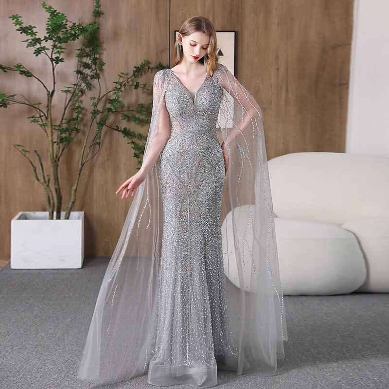 Silver Deep V-Neck Fishtail Evening Dress Slimming Banquet Gown