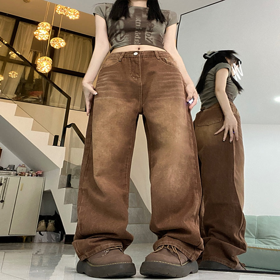 Brown Coffee Women's Straight Loose Wide-Leg Jeans Pants