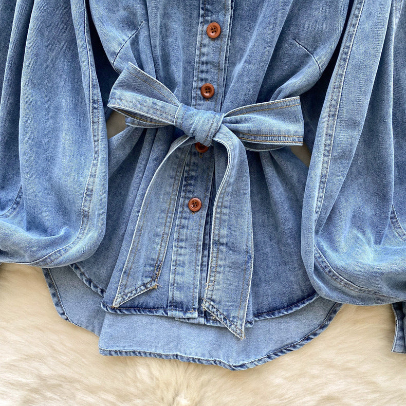 Retro Lace-Up Waist-Control Denim Top with Stand-Up Collar and Puff Sleeves
