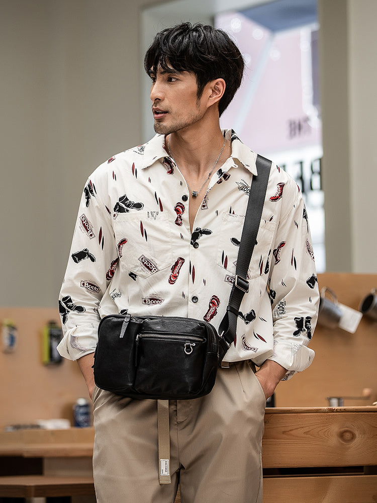 Leather Men's Black Shoulder Bag with Zipper, 26cm x 9cm x 18cm