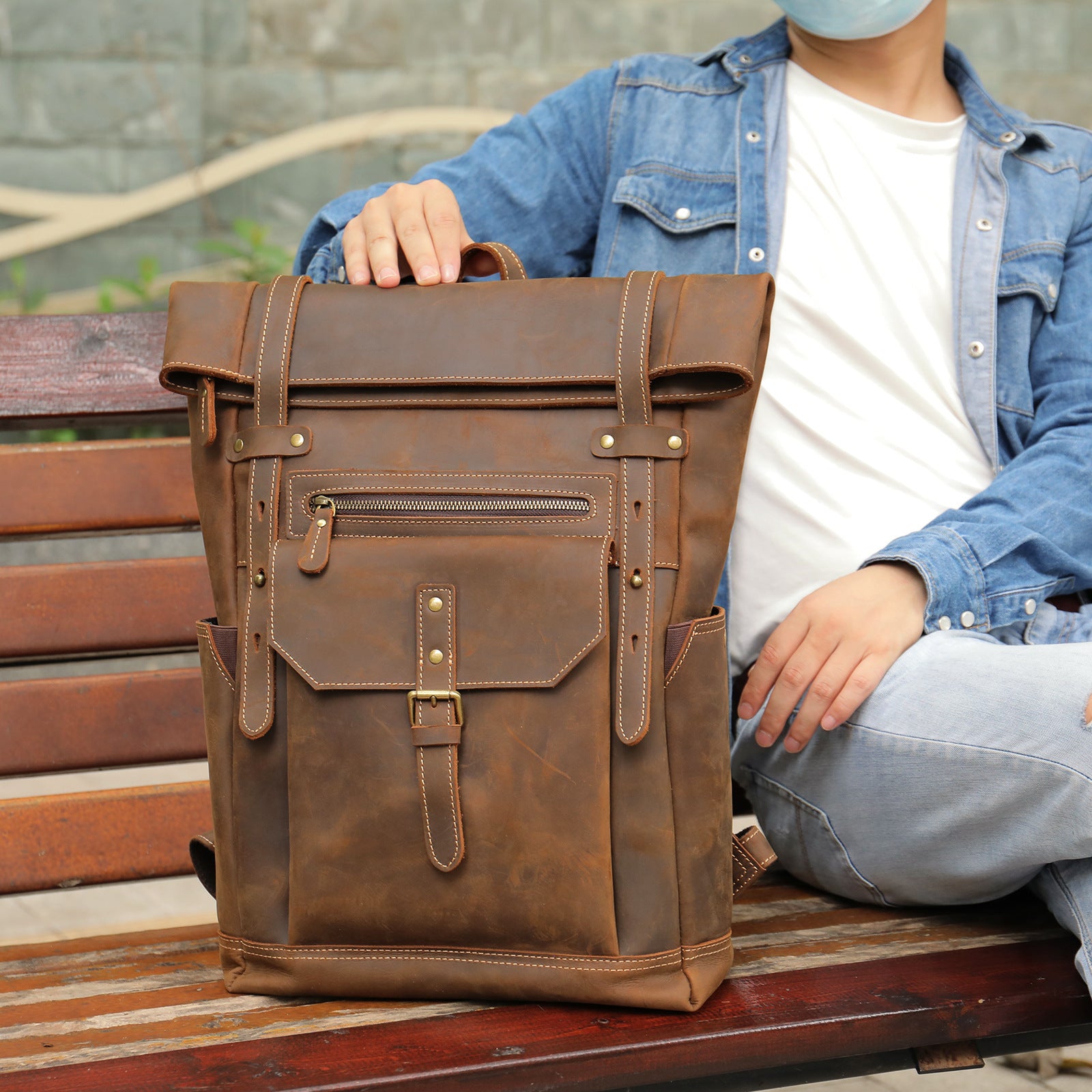 Retro Crazy Horse Leather Men's Backpack Large Coffee